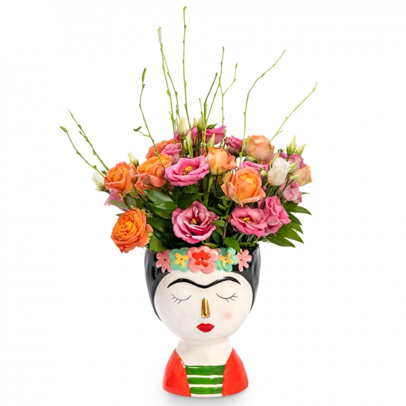 Roses and eustoma in a Frida Kahlo vase
